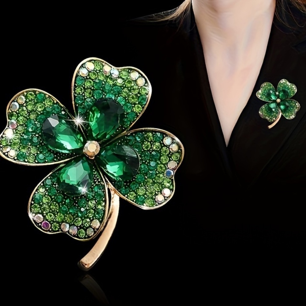 Emerald Green Crystal Clover Brooch – Lucky 4-Leaf Rhinestone Pin